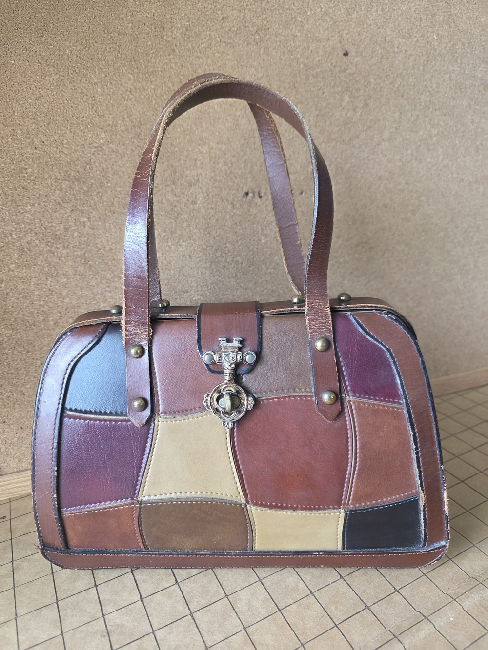Burlington Patchwork Leather Frame Satchel  Vintage Boho Handbag